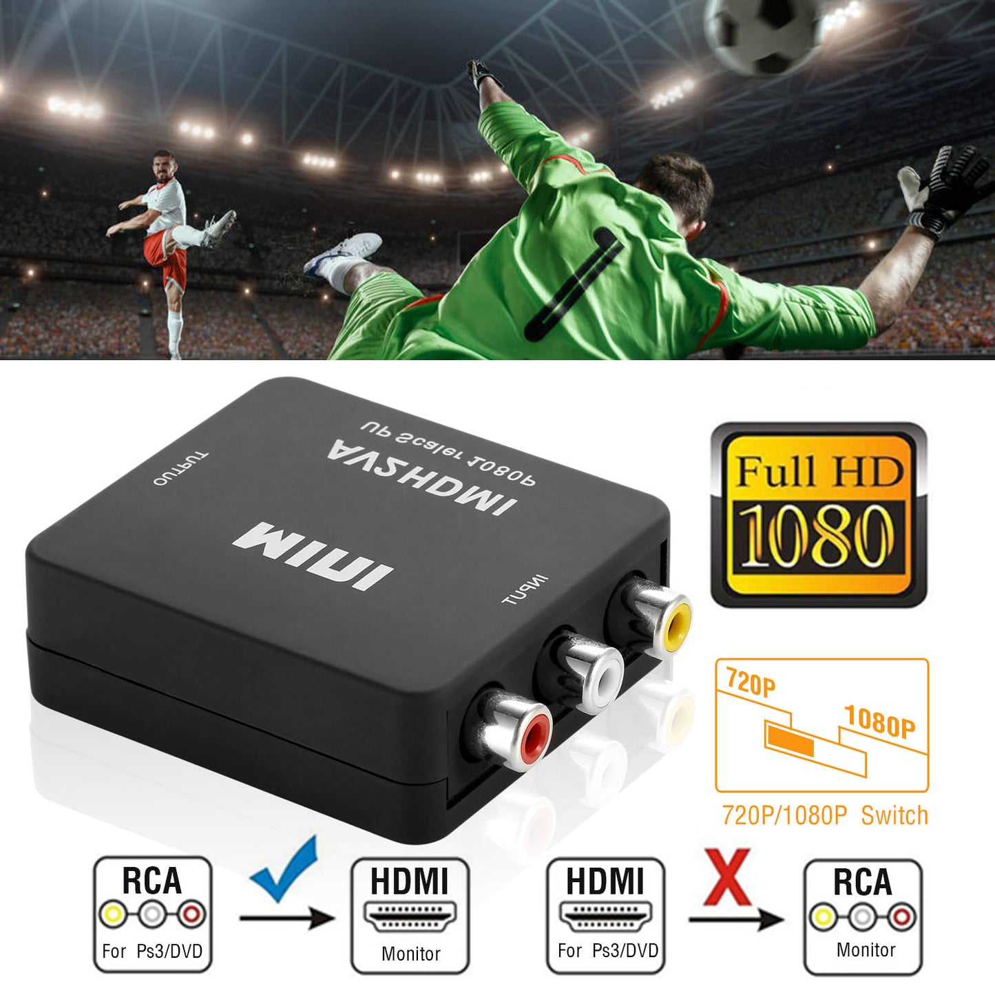 RCA to HDMI Converter 1080P with USB Power Cable