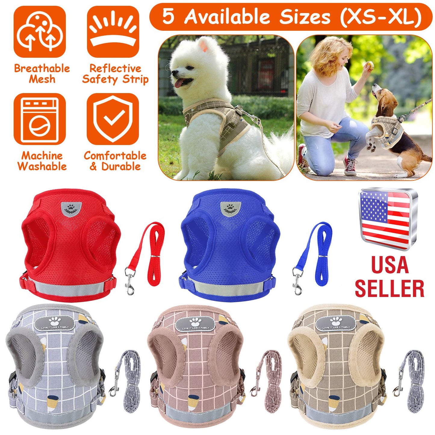 Reflective Dog Harness and Leash Set with Adjustable Mesh Vest