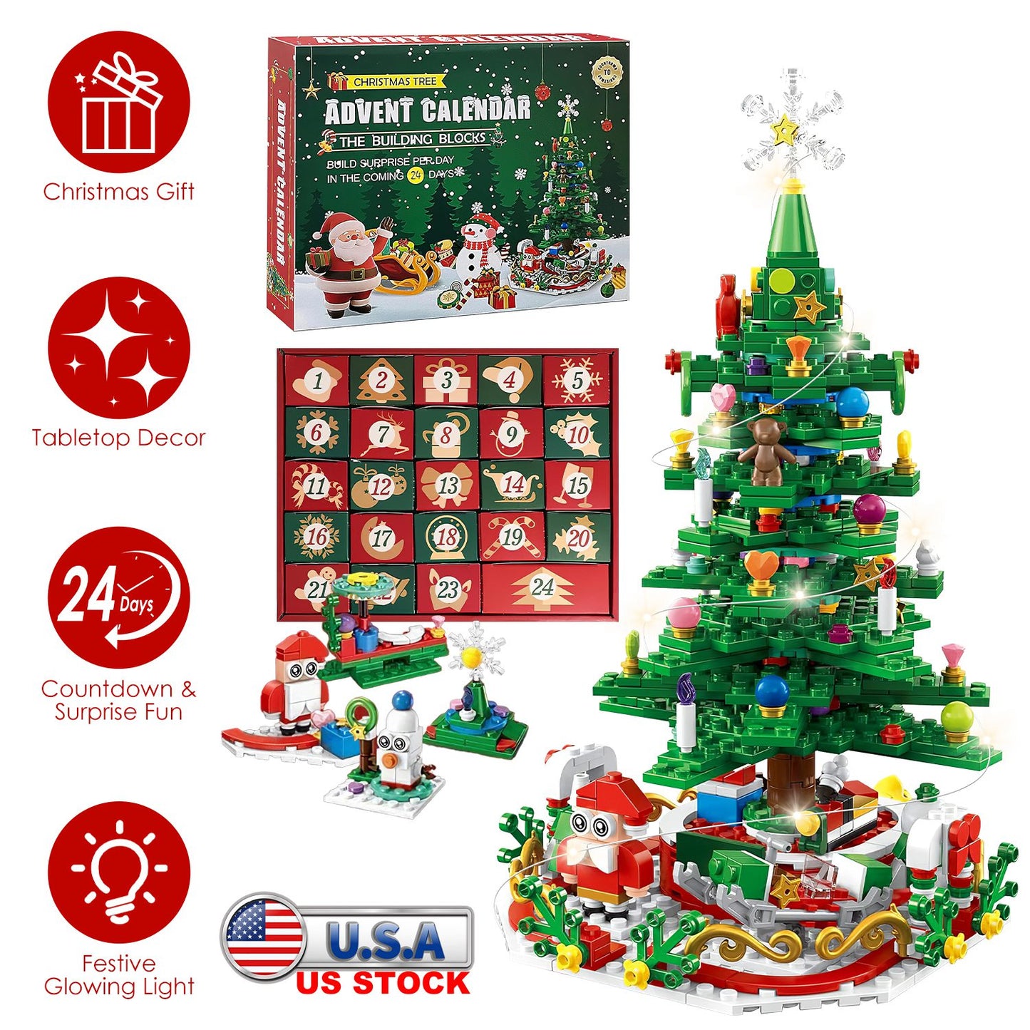 Christmas Tree Building Set with LED Lights & 24-Day Calendar