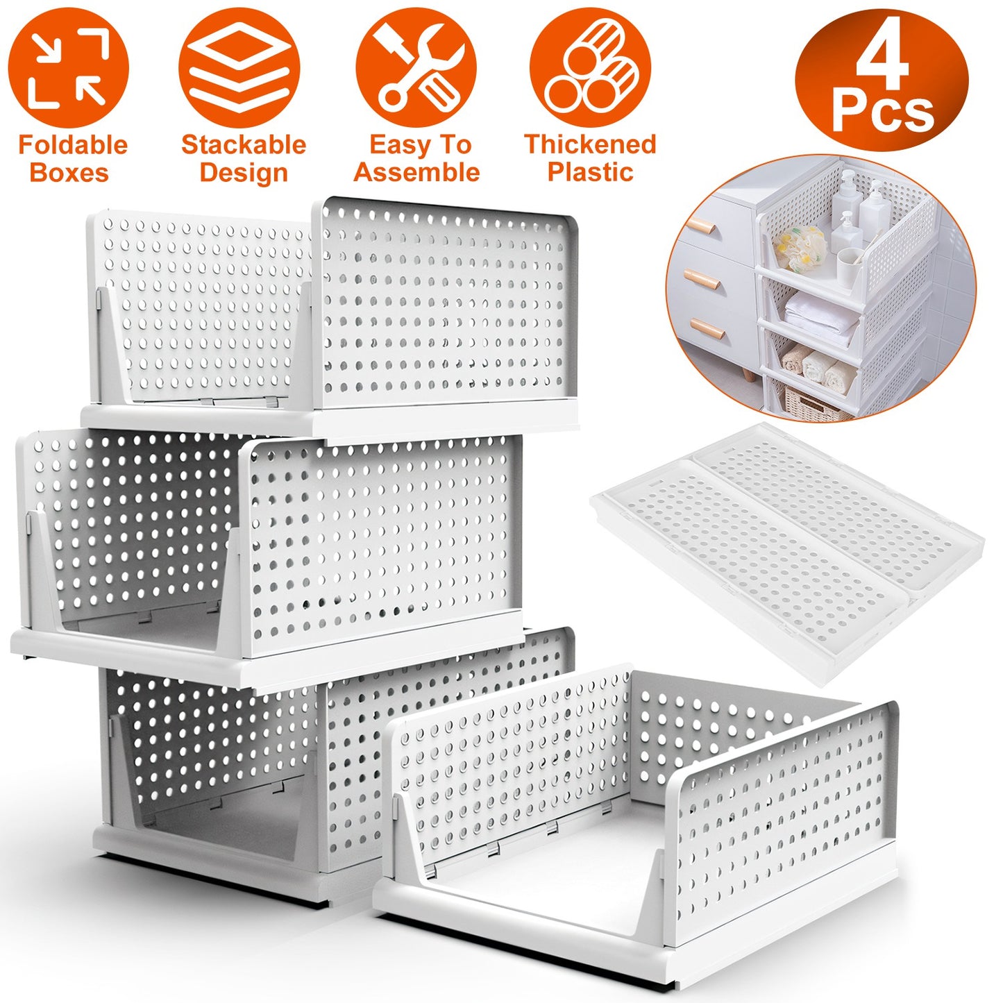 Plastic Storage Bins with Slide Rails - 4 Pack Stackable