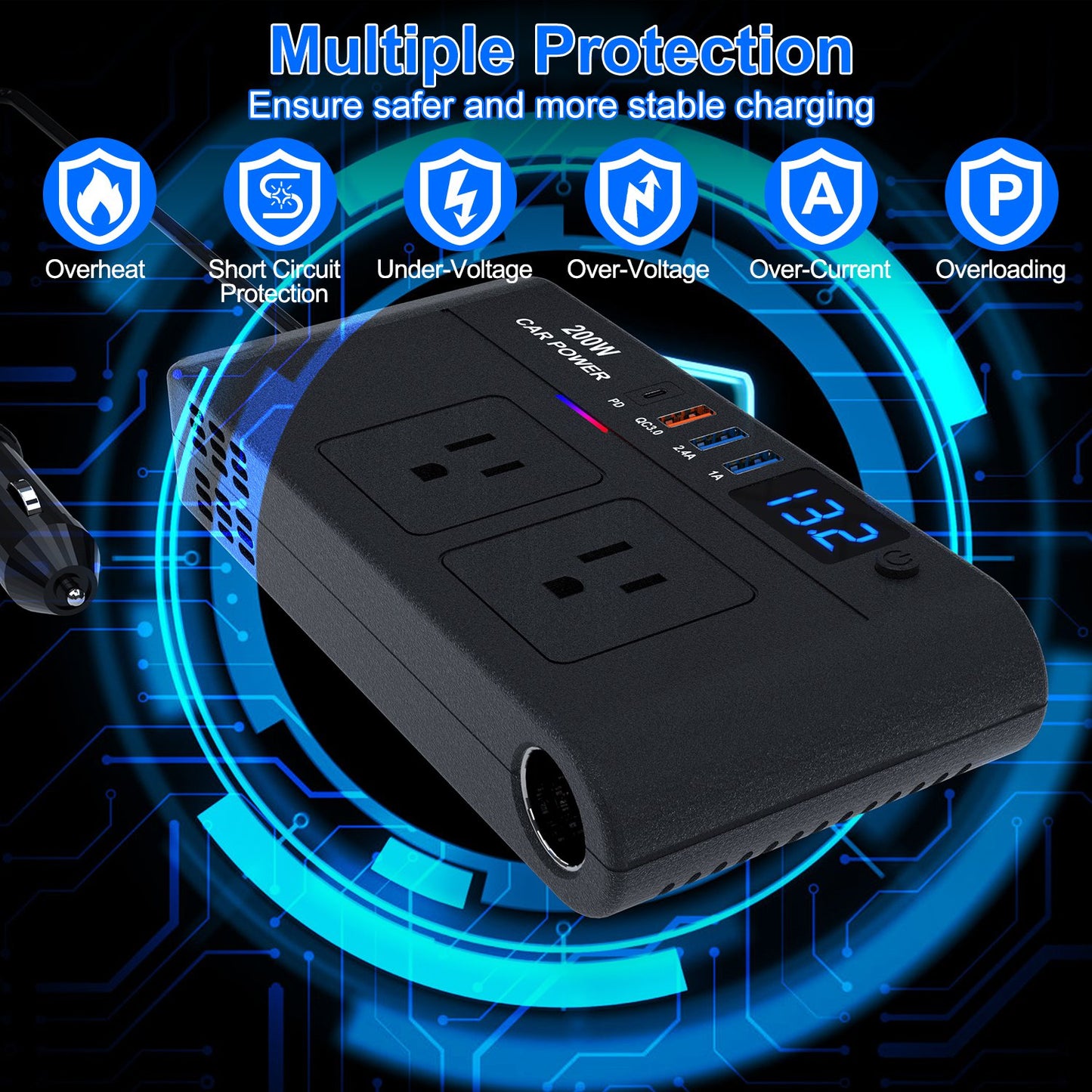 200W Car Power Inverter DC 12V to AC 110V with USB Ports
