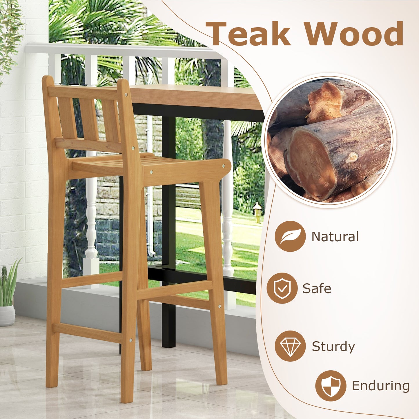 Teak Wood Bar Chair 30 Inch with Footrest and Backrest