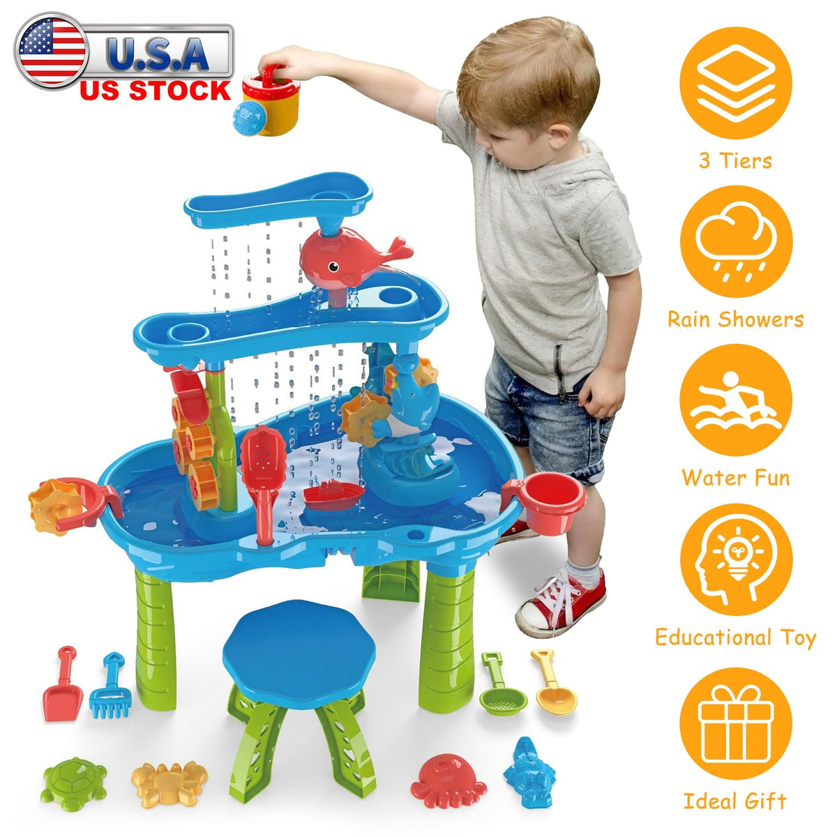 Kid Sand Water Table Toddler Water Activity Table Rain Showers Play Table Toy for 3-6 Years Old Sensory Exercise Friendship Building