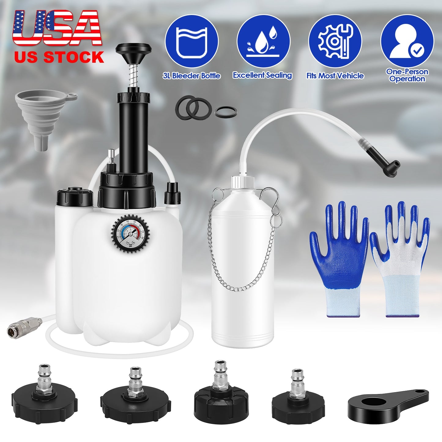 3L Manual Brake Bleeder Kit with 4 Adapter Caps