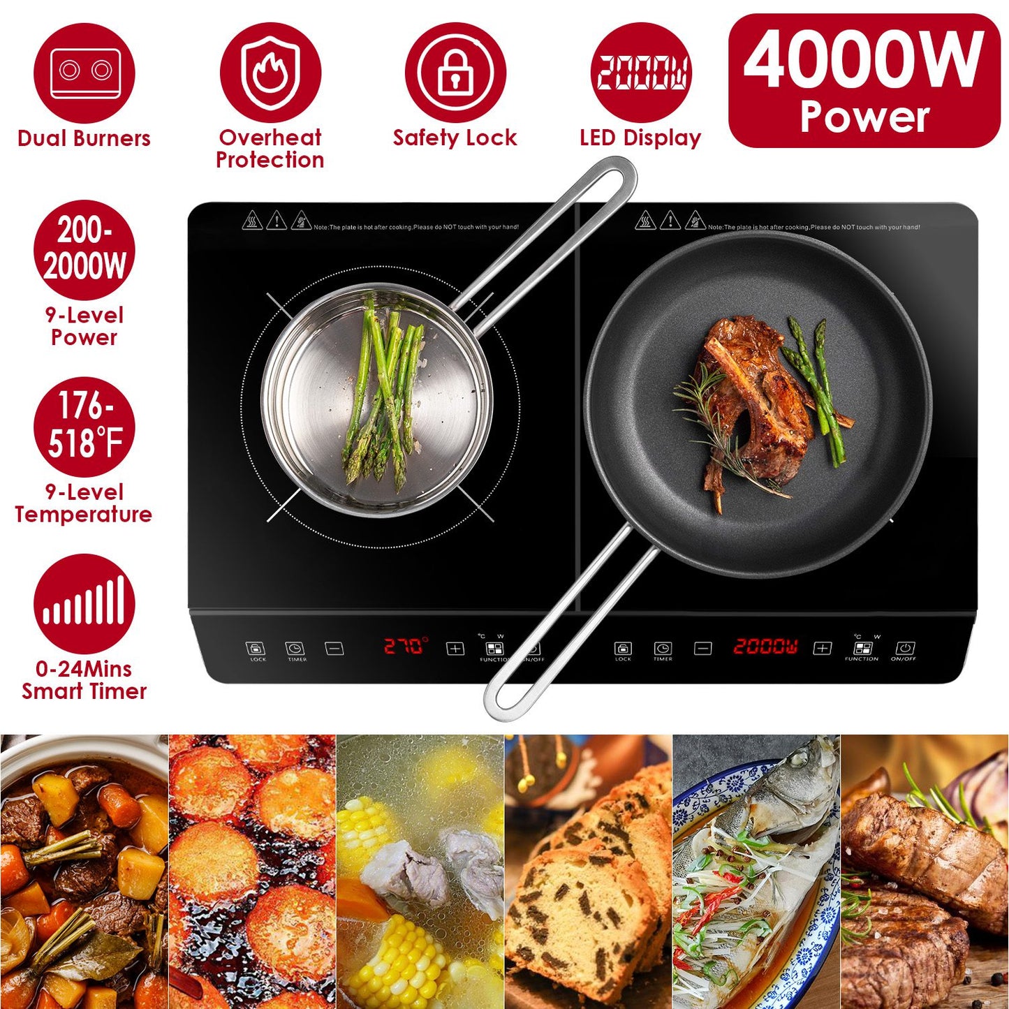 Dual Induction Cooktop 4000W Portable Electric Double Burner