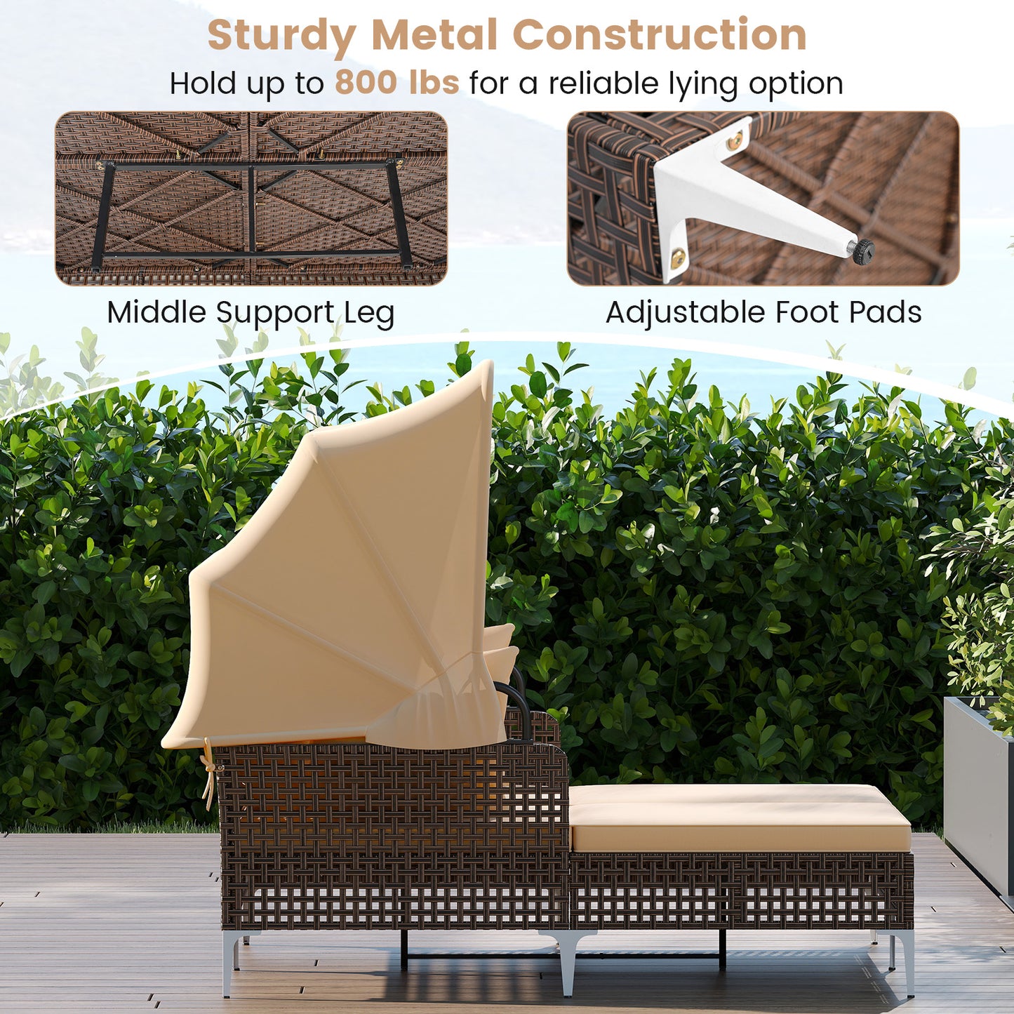 Outdoor Daybed with Retractable Canopy - PE Wicker Rattan