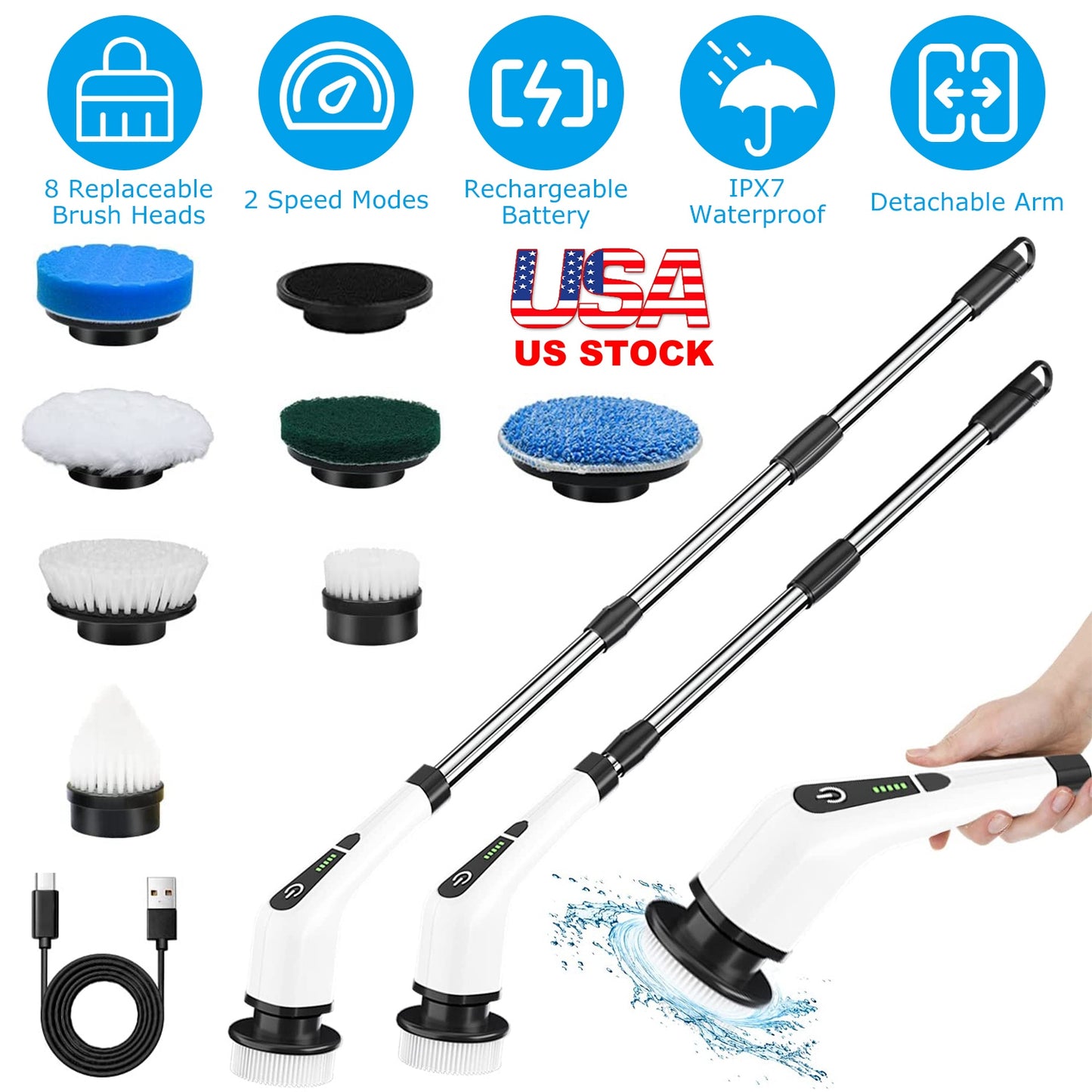 Electric Spin Scrubber with 8 Brush Heads & Telescopic Arm