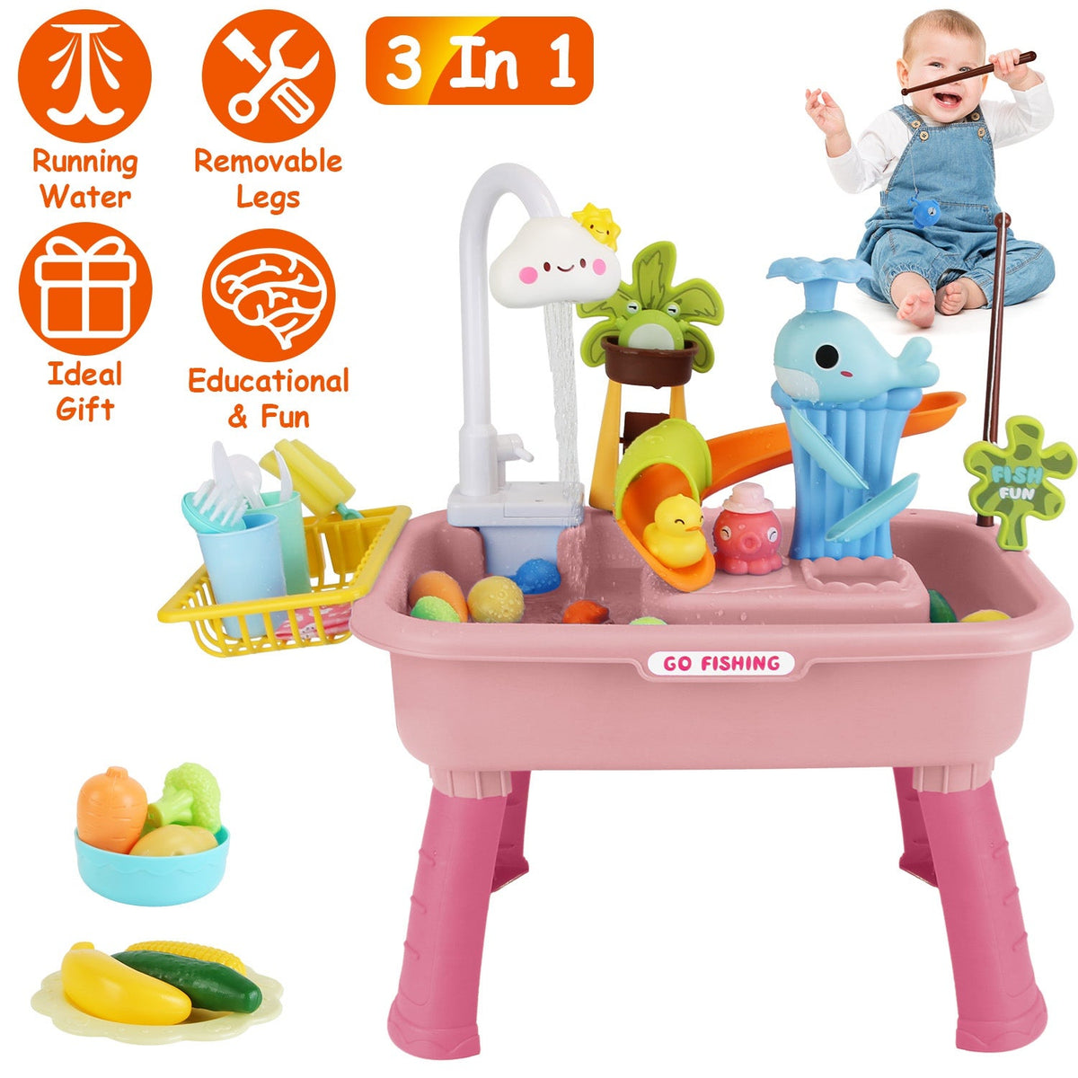 3 In 1 Kitchen Sink Toy with Electric Faucet Water Table Fishing Game Role Play Sink Set Indoor Outdoor for Kids Aged 3+ Years Old