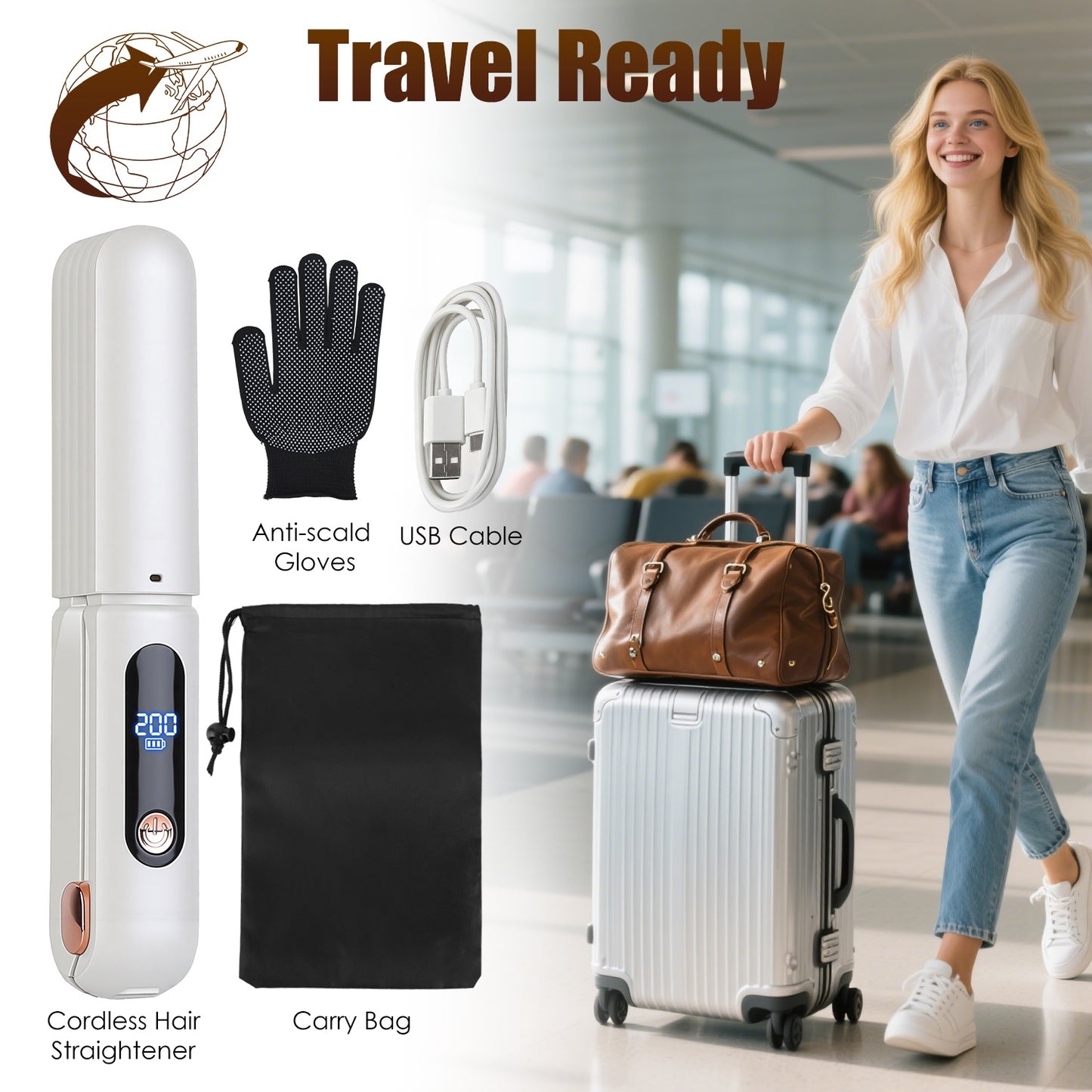 Cordless Hair Straightener Brush 2-in-1 Ceramic Flat Iron