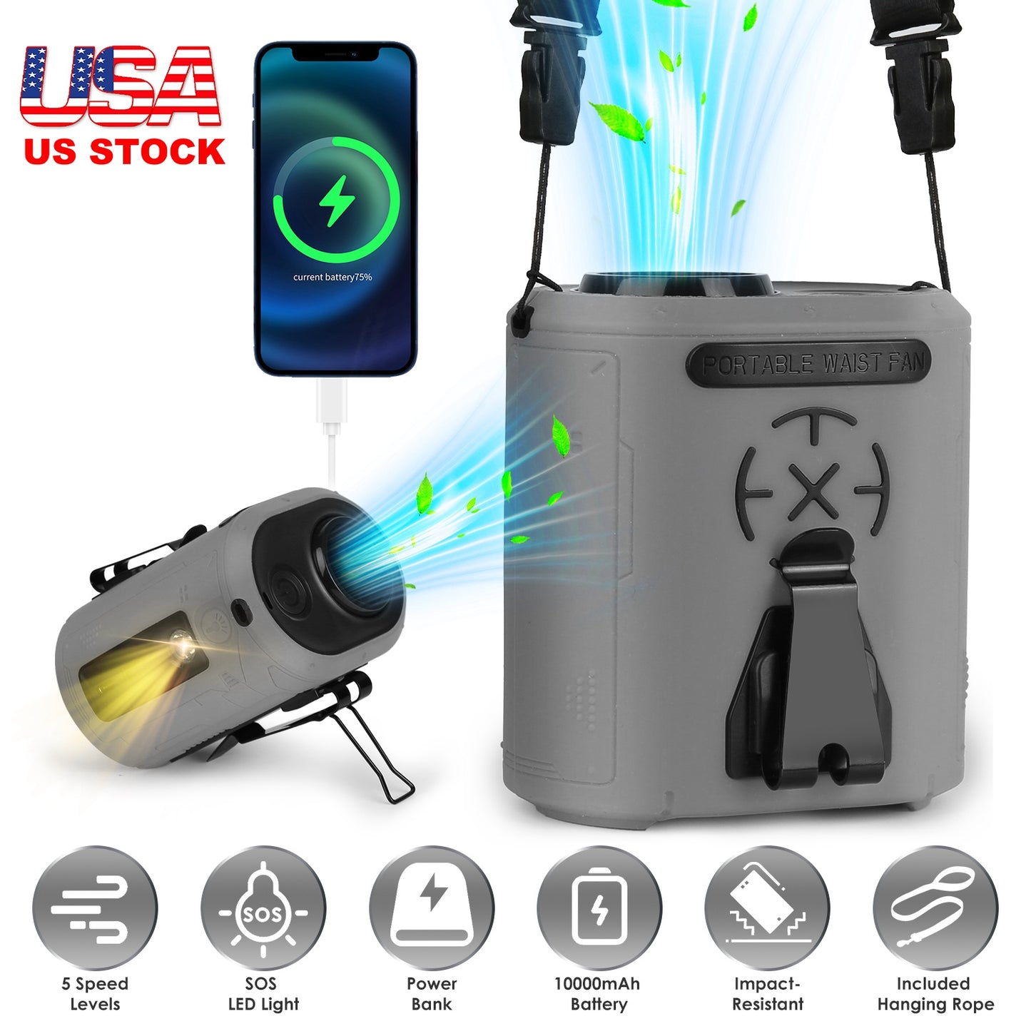 Portable Waist Clip Fan 5-in-1 with 10000mAh Power Bank