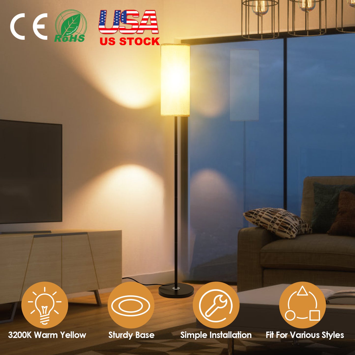 74.8" Floor Lamp with Fabric Shade - Warm Yellow Light