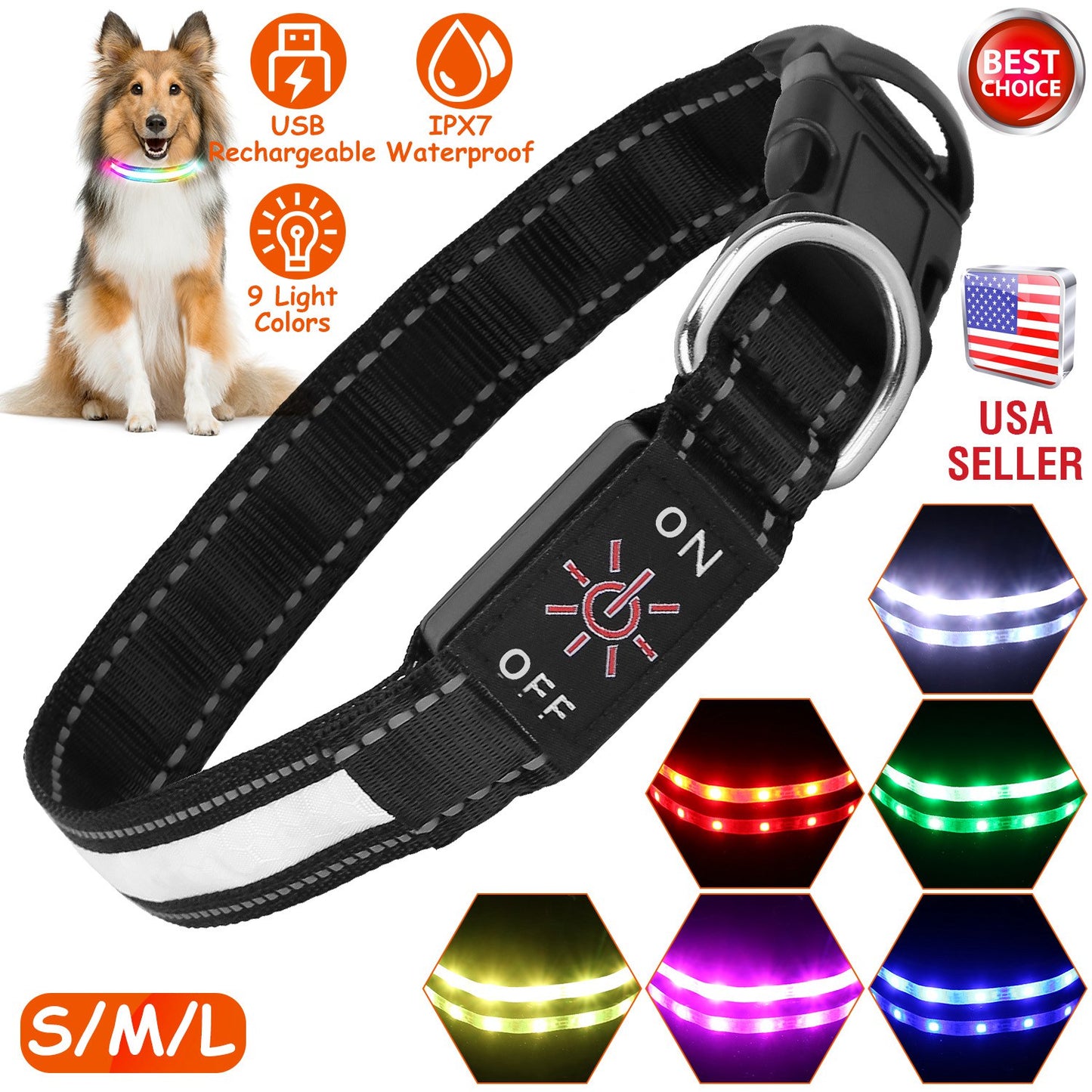 LED Dog Collar with 9 Light Colors - USB Rechargeable Waterproof
