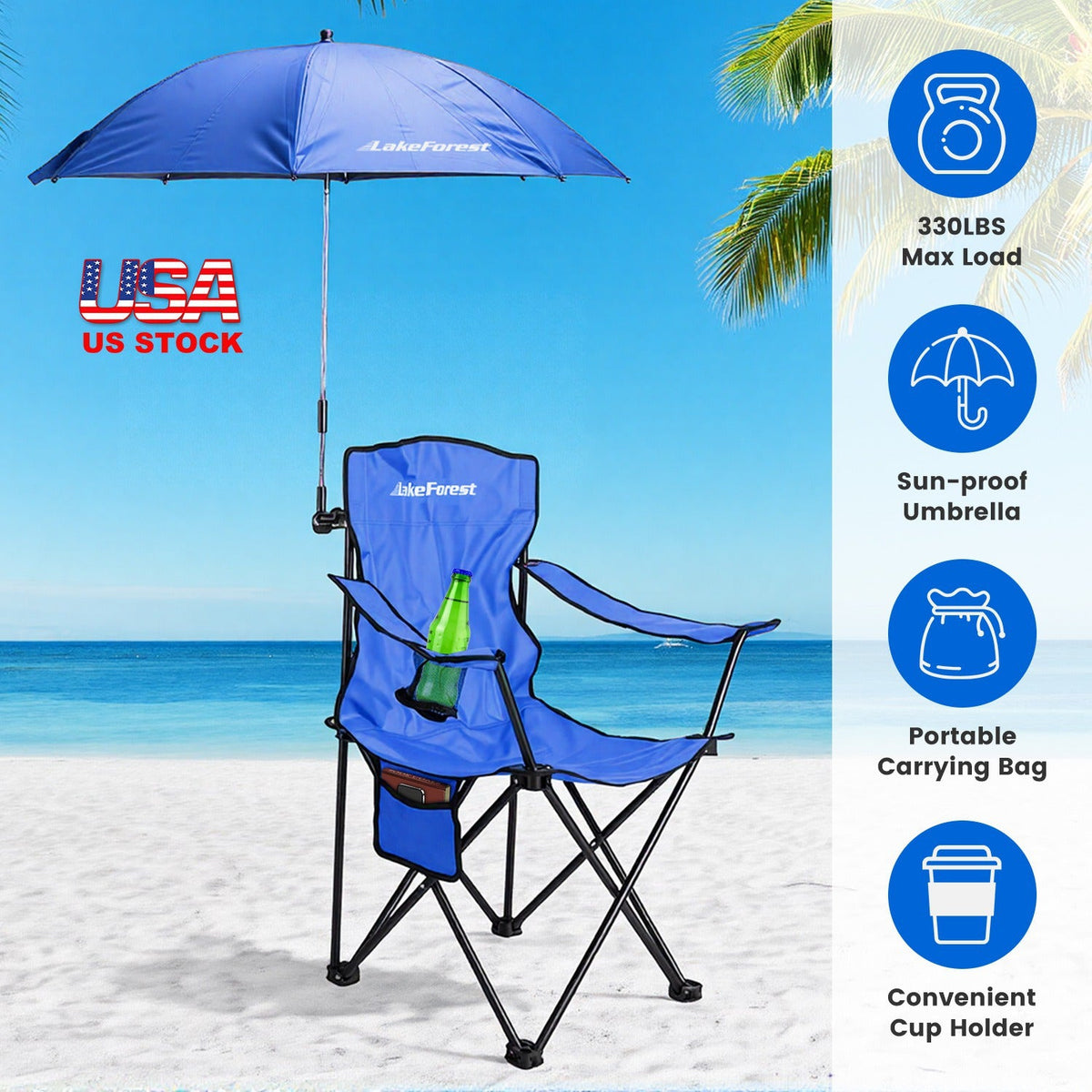 Camping Chair with Umbrella - Foldable Outdoor Chair 330lbs