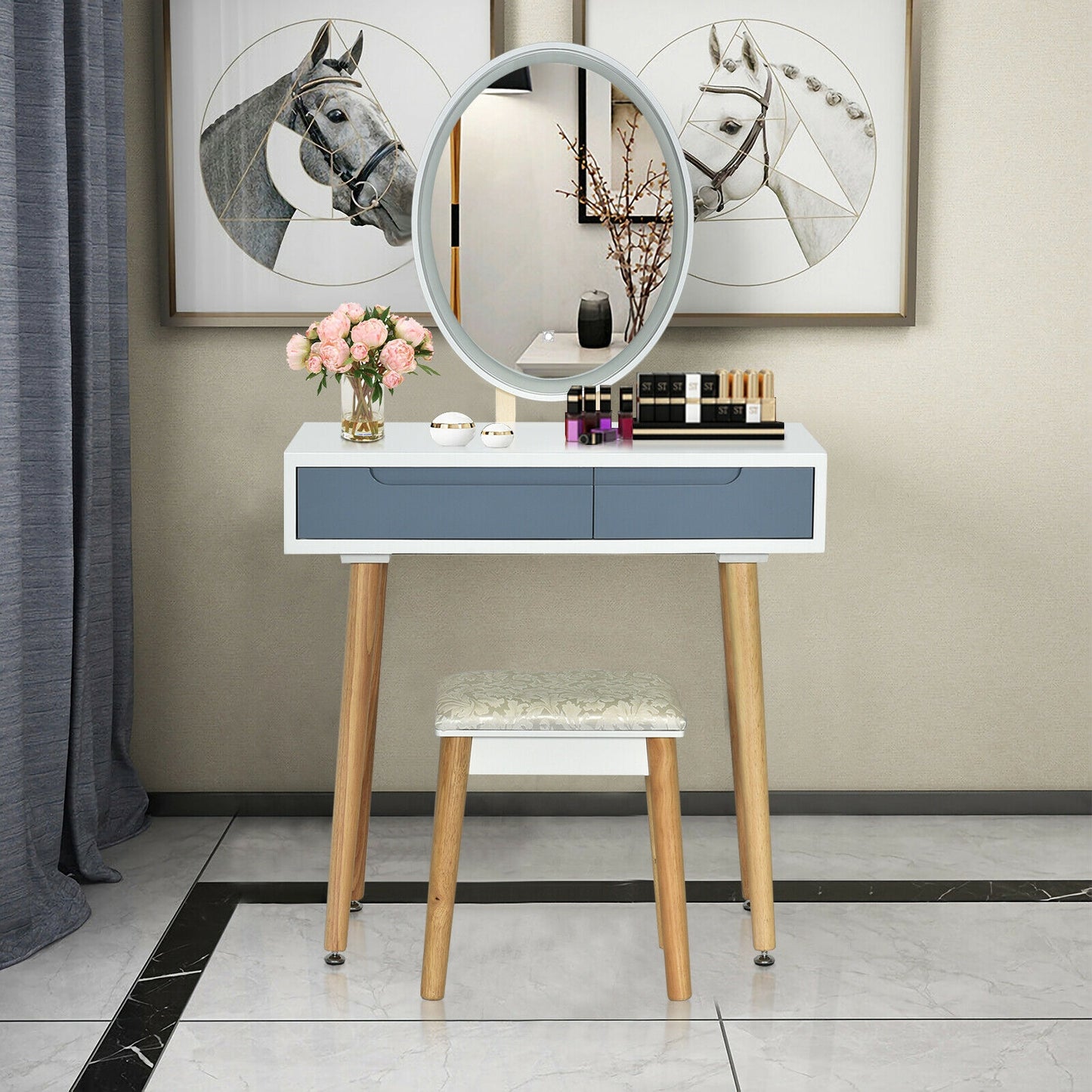 Vanity Makeup Table with Lighted Mirror and Stool Set
