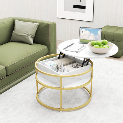 31.5 Inch Round Lift Top Coffee Table with Hidden Compartment and Side Shelves
