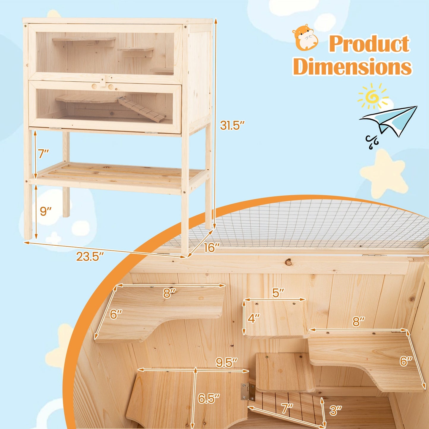 31.5 Inches Freestanding Hamster Cage Wooden Hamster Habitat Playpen-Natural