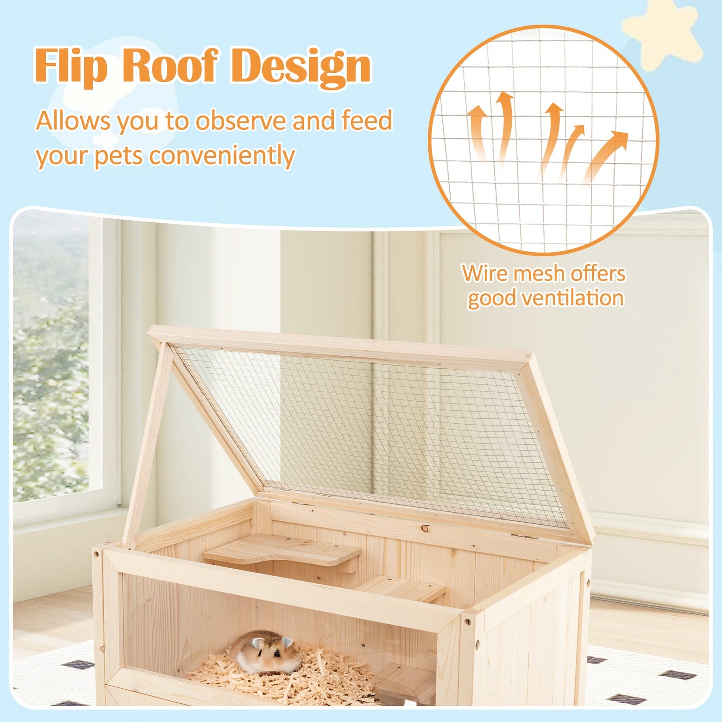 31.5 Inches Freestanding Hamster Cage Wooden Hamster Habitat Playpen-Natural