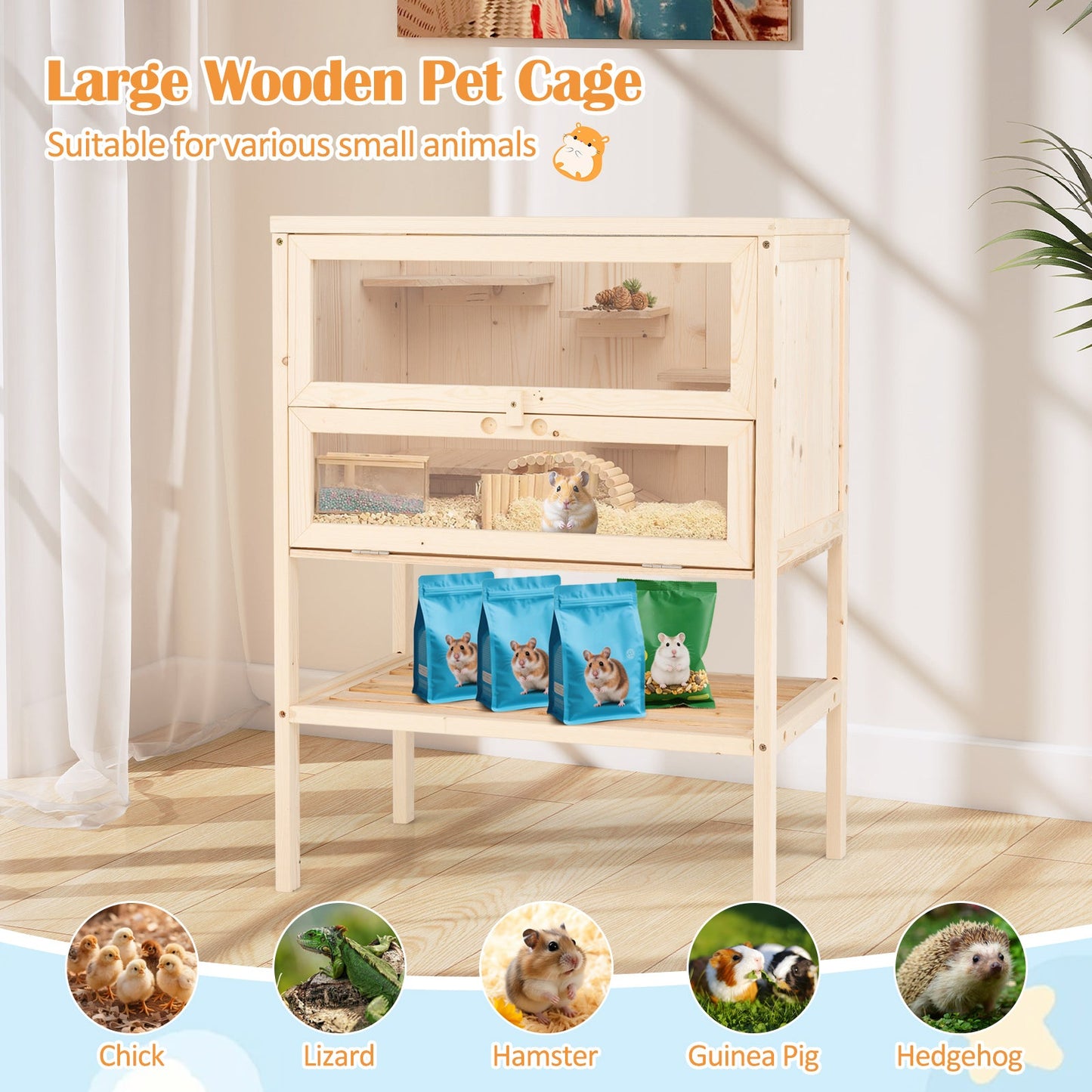 31.5 Inches Freestanding Hamster Cage Wooden Hamster Habitat Playpen-Natural
