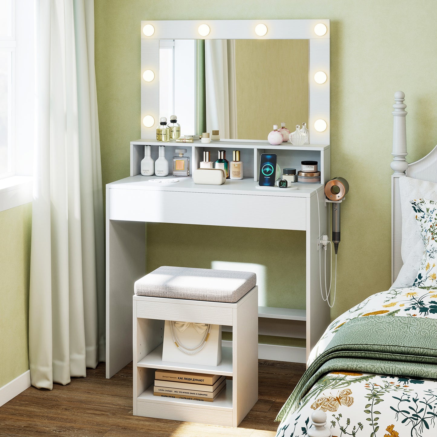 Lighted Vanity Table Set with Mirror, Stool & Storage