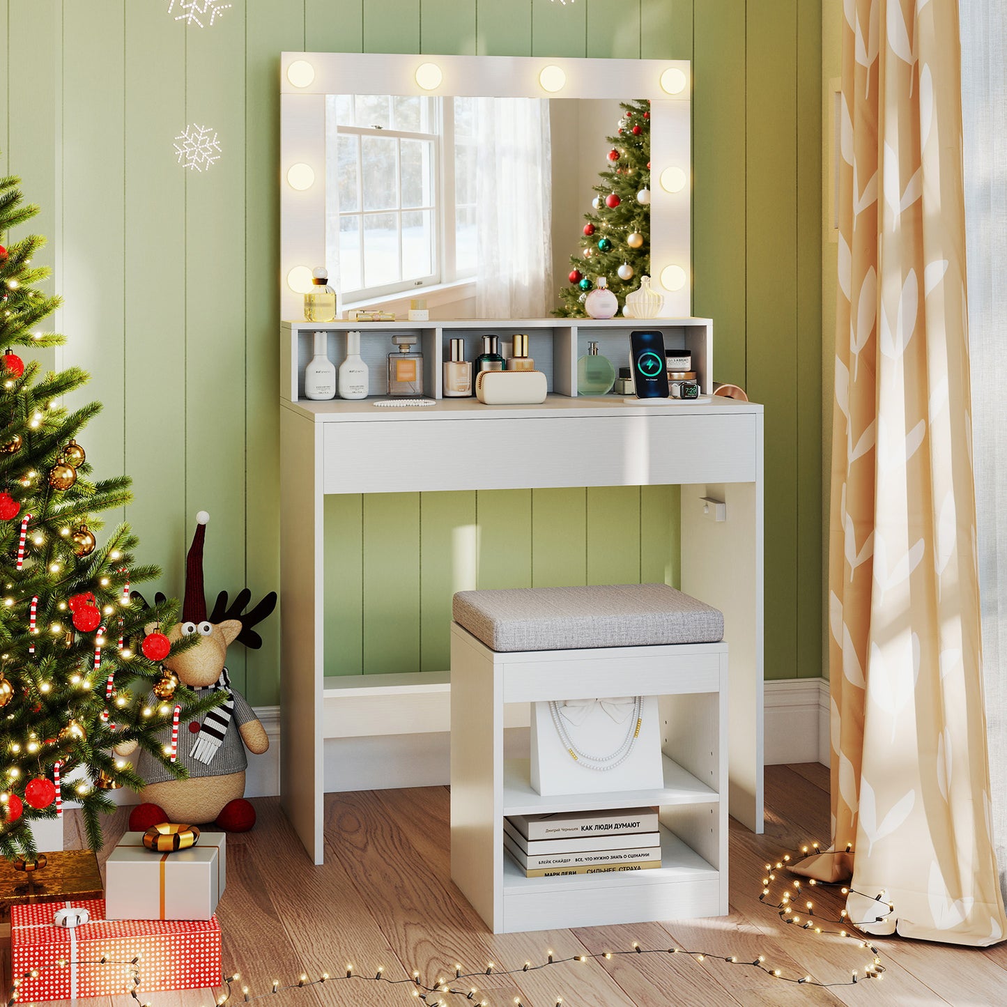 Lighted Vanity Table Set with Mirror, Stool & Storage