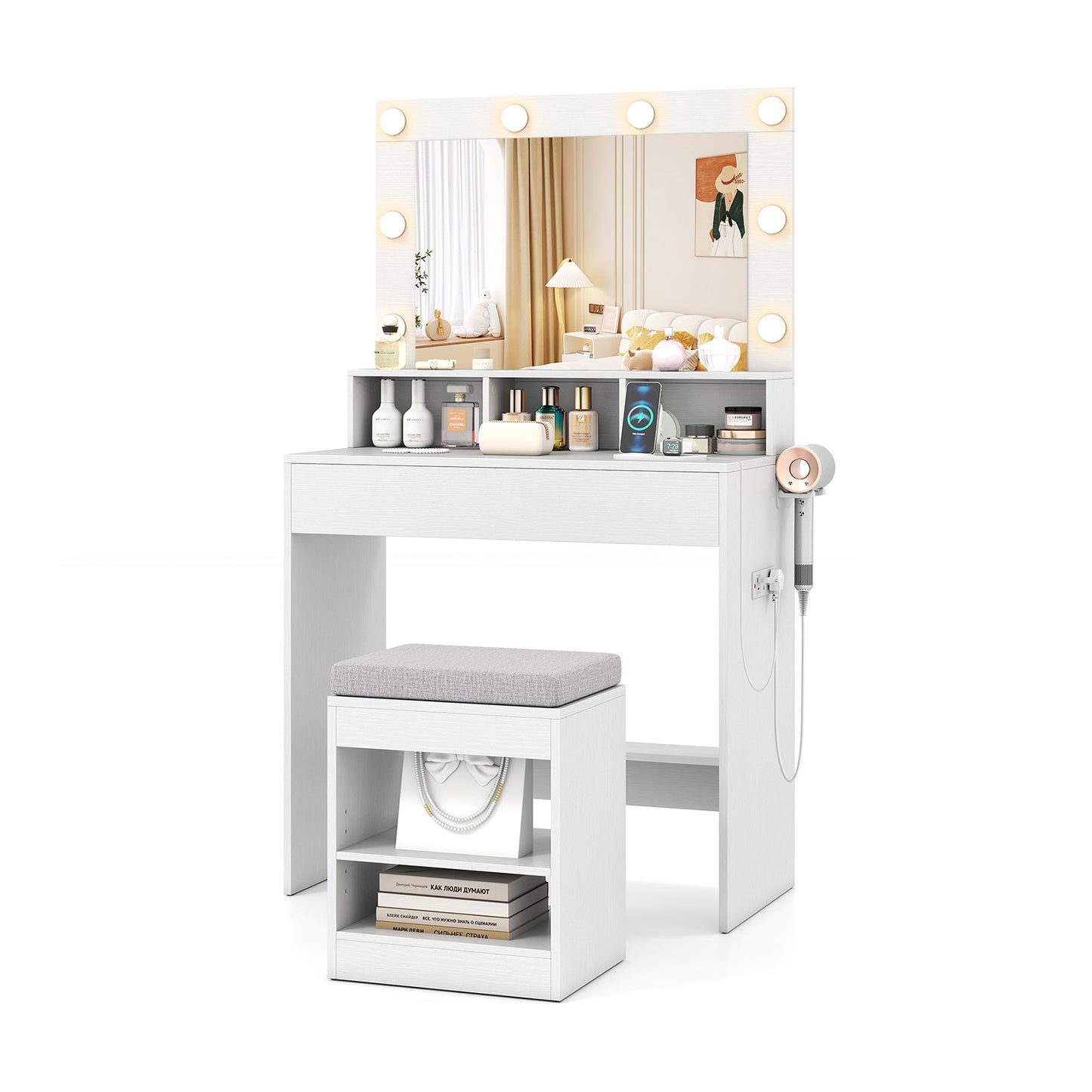 Lighted Vanity Table Set with Mirror, Stool & Storage