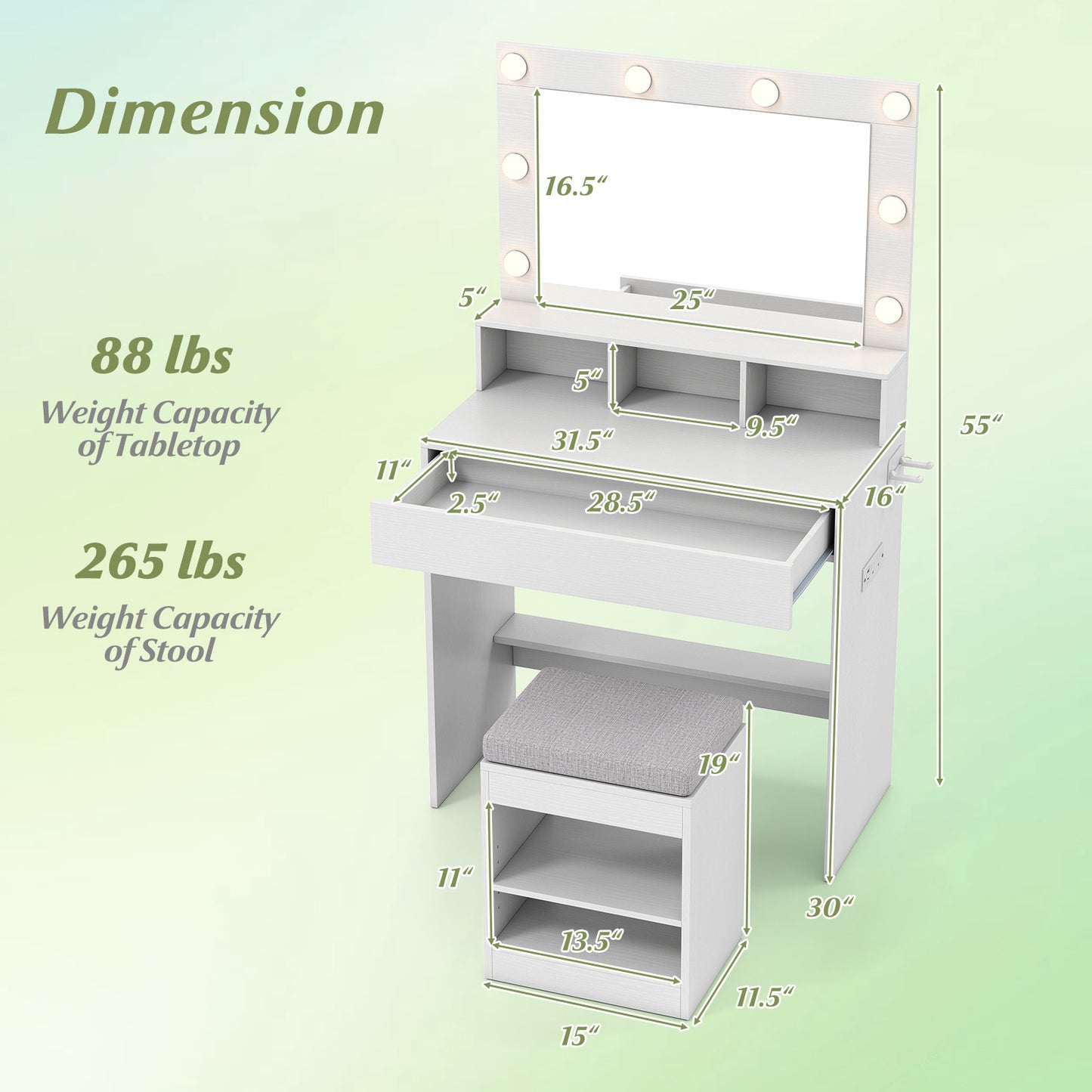 Lighted Vanity Table Set with Mirror, Stool & Storage