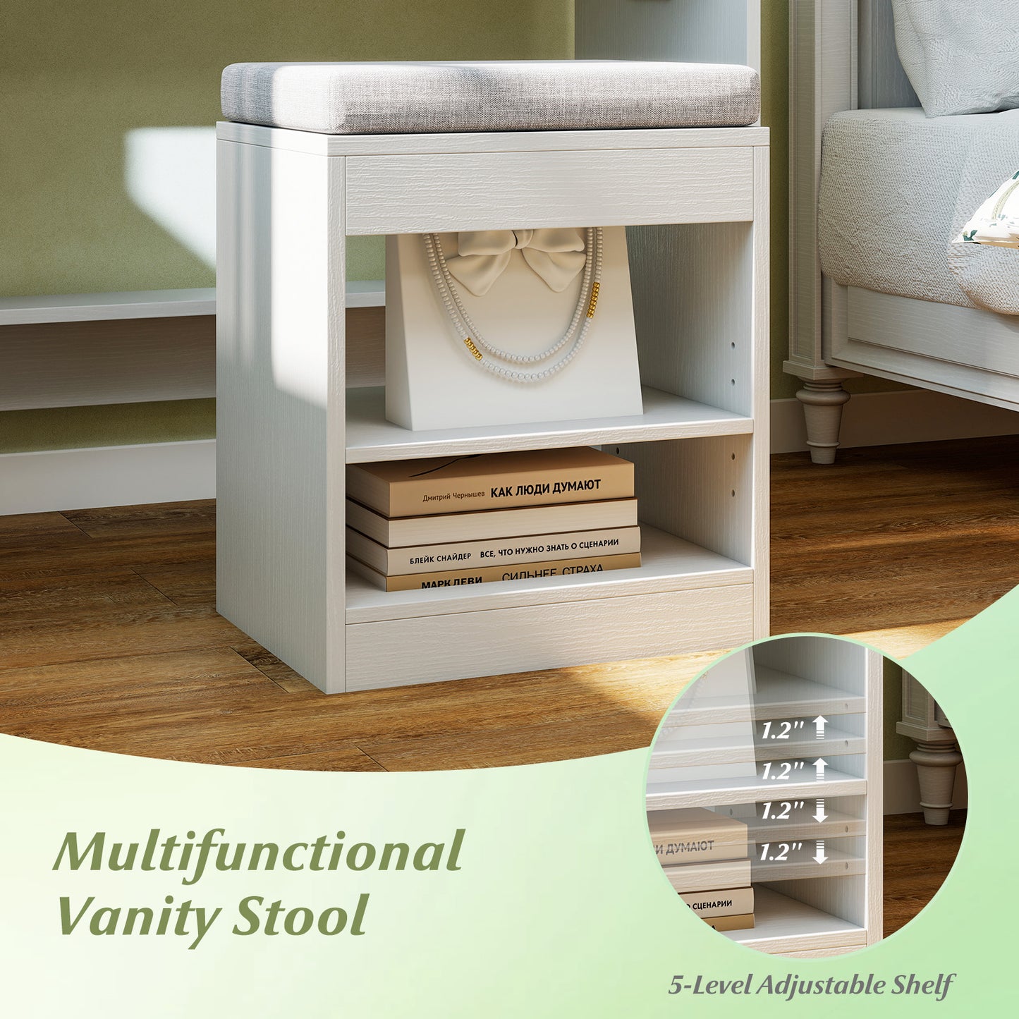 Lighted Vanity Table Set with Mirror, Stool & Storage