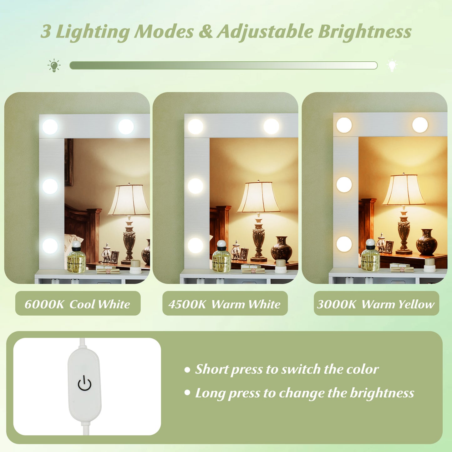Lighted Vanity Table Set with Mirror, Stool & Storage