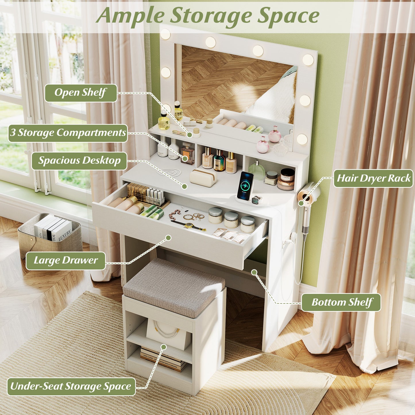 Lighted Vanity Table Set with Mirror, Stool & Storage