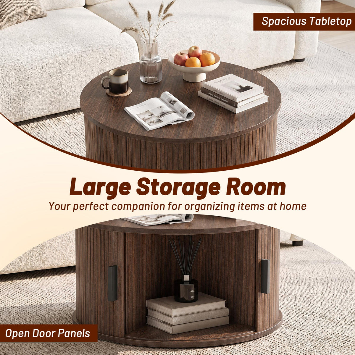 Round Coffee Table with Sliding Tambour Door Storage