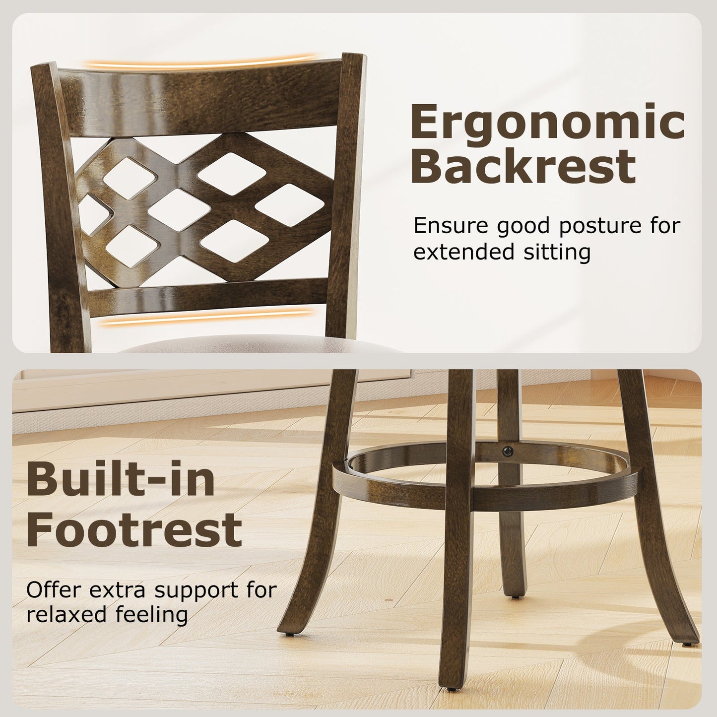 26 Inch Counter Height Bar Stools Set of 2 with Rubber Wood Frame
