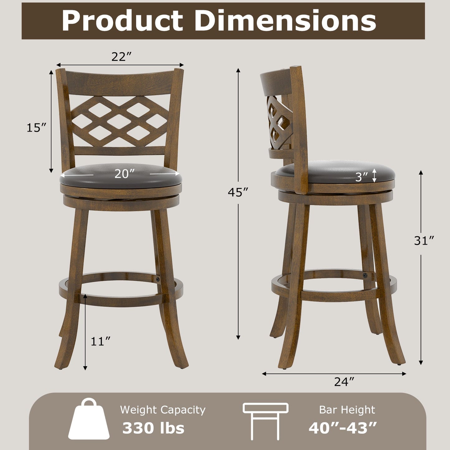 26 Inch Counter Height Bar Stools Set of 2 with Rubber Wood Frame