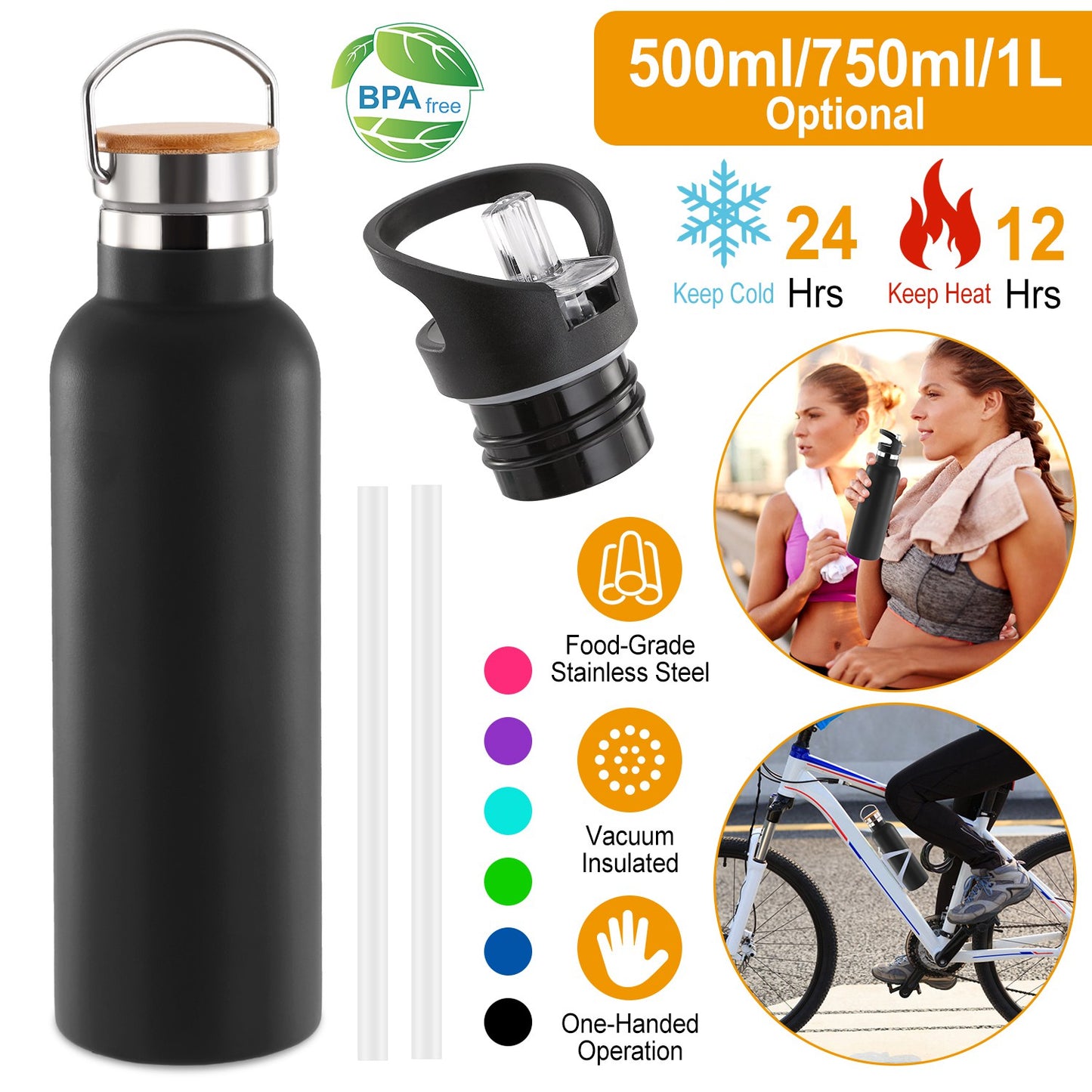 Insulated Stainless Steel Water Bottle with Dual Lids & Straws