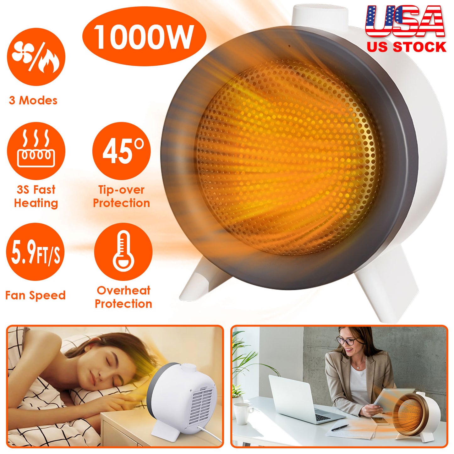 1000W Ceramic Space Heater with 3 Modes & Safety Shutoff