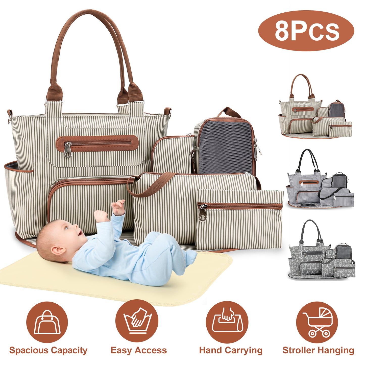 Diaper Bag Set 8-Piece with Changing Pad and Stroller Straps