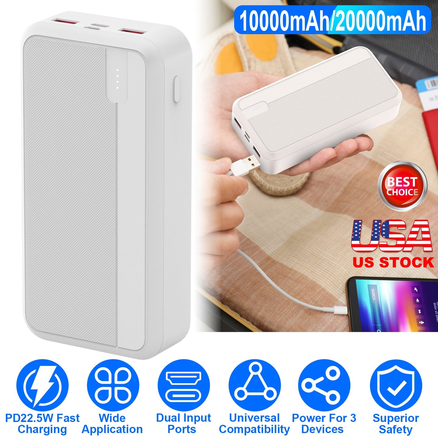 10000mAh Fast Charging Power Bank with PD 22.5W USB-C Cable