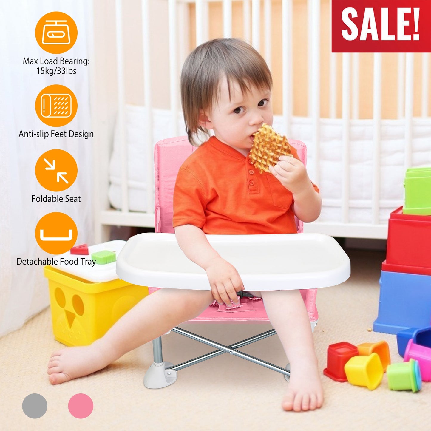 Portable Baby Booster Seat with Detachable Tray & Carry Bag