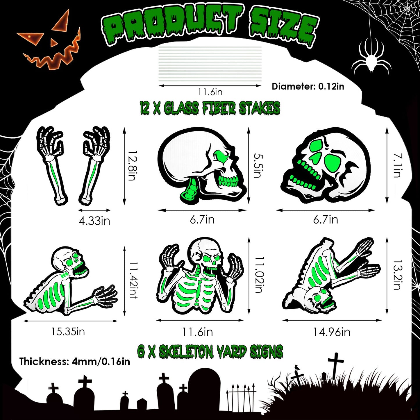 Glow in the Dark Skeleton Yard Signs 6-Piece Halloween Set