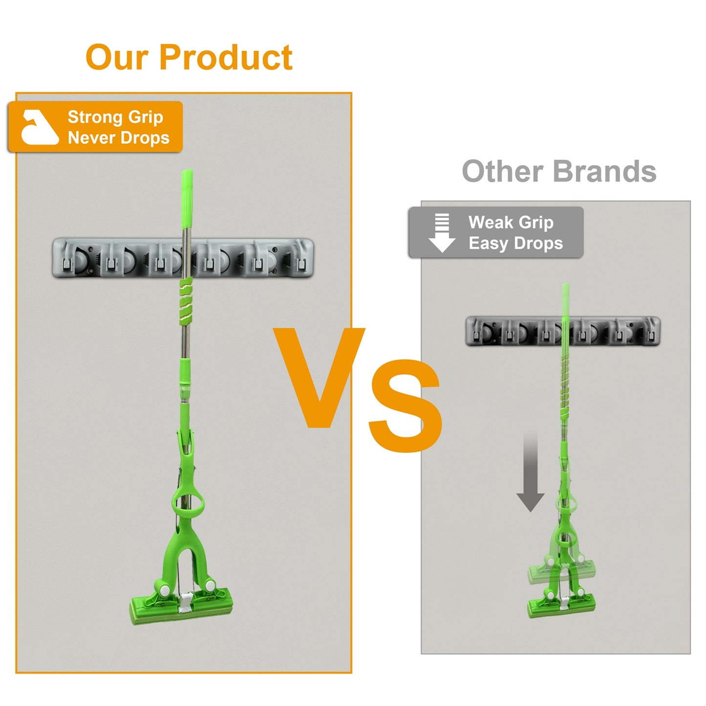 Wall Mount Mop Holder with 5 Slots and 6 Hooks
