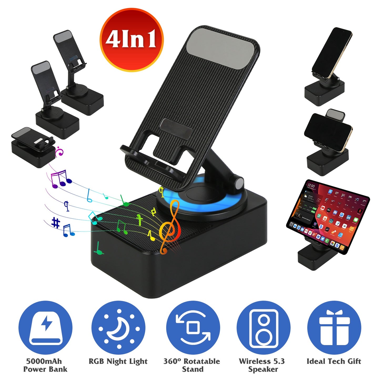 4-in-1 Wireless Speaker Phone Stand with 5000mAh Power Bank