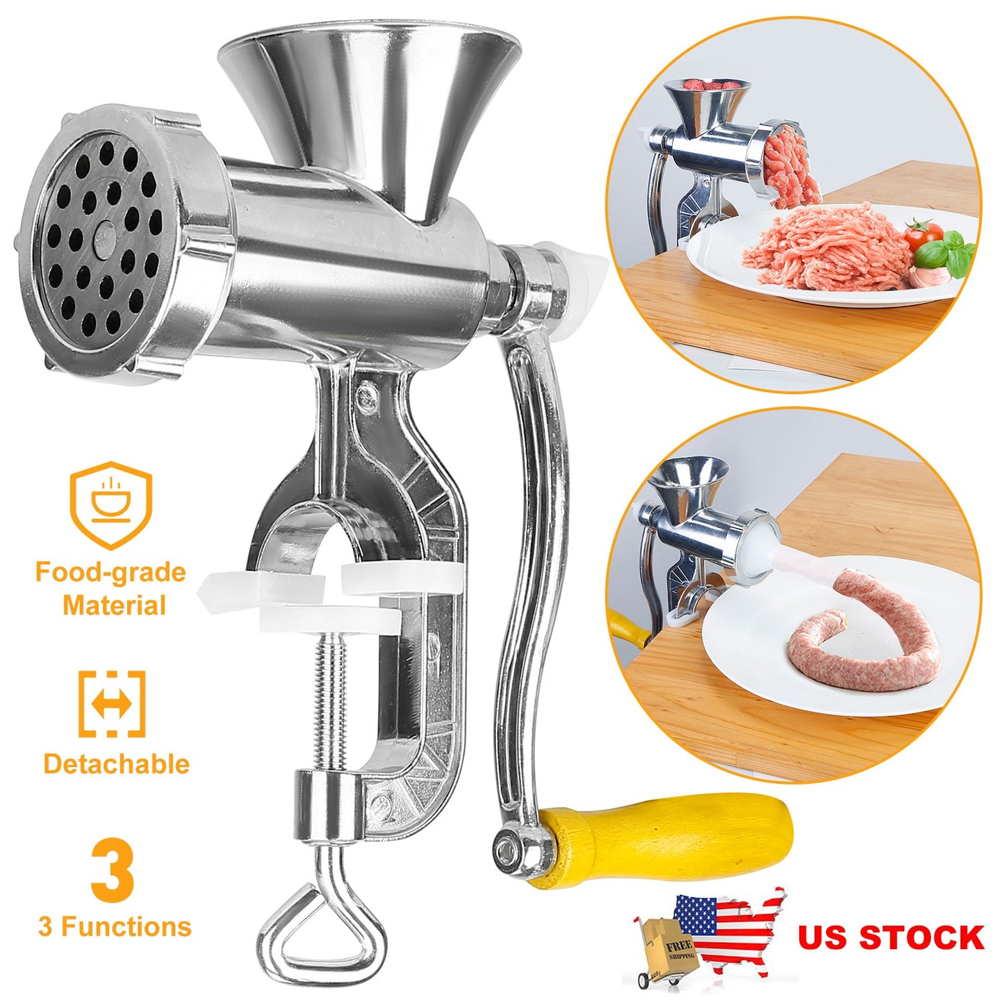 Manual Meat Grinder with Sausage & Noodle Attachments