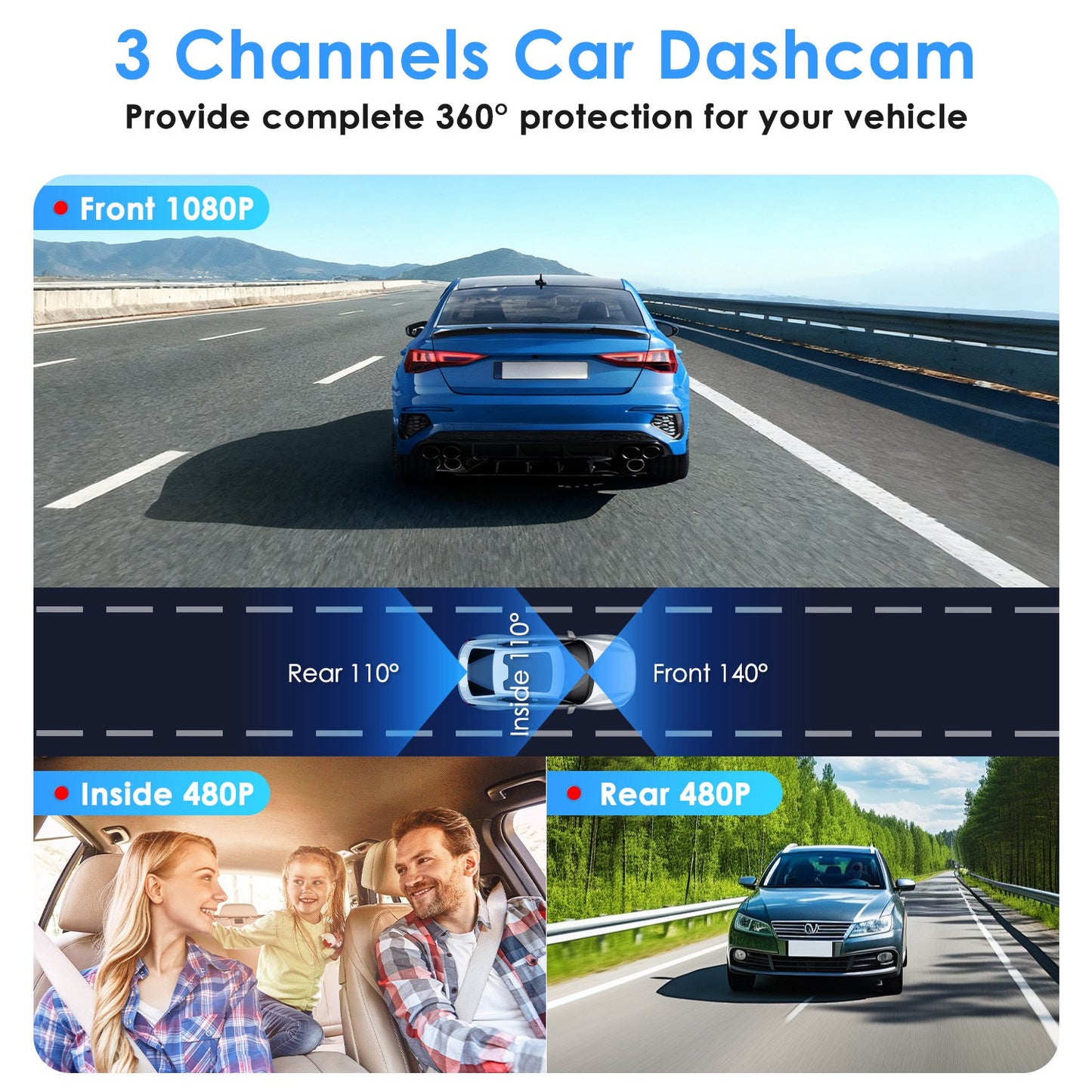 3-Channel Dash Cam with Front, Rear & Interior Cameras