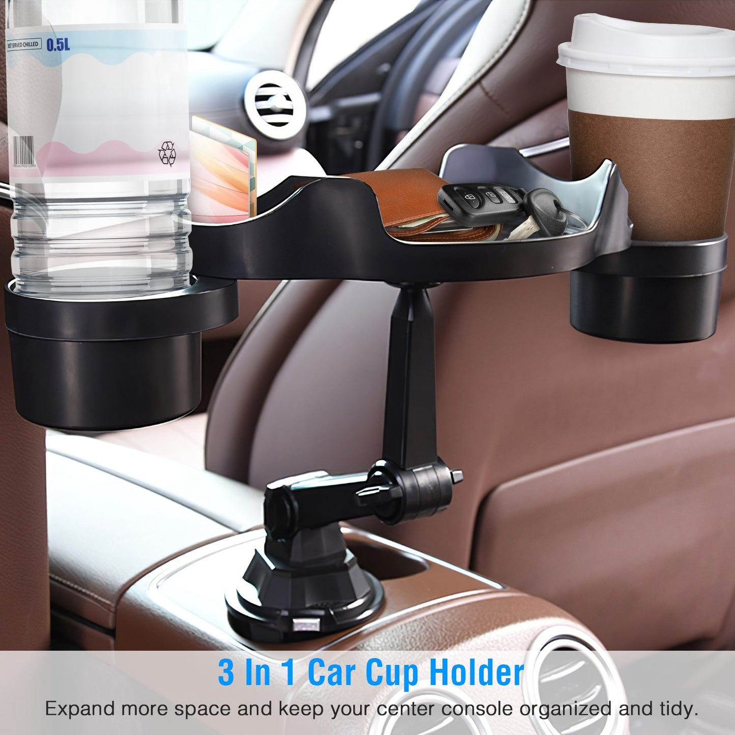 Car Cup Holder Expander with 360° Rotating Tray & Phone Slot