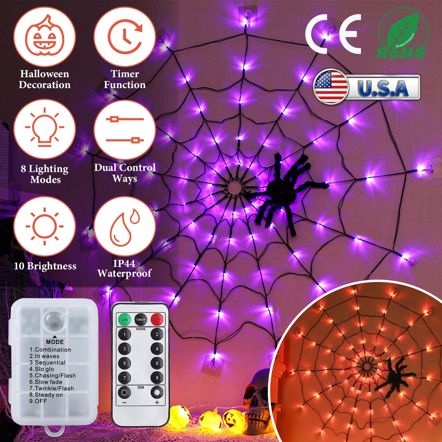 Spider Web Light with Hairy Spider - 70 LED Halloween Decoration