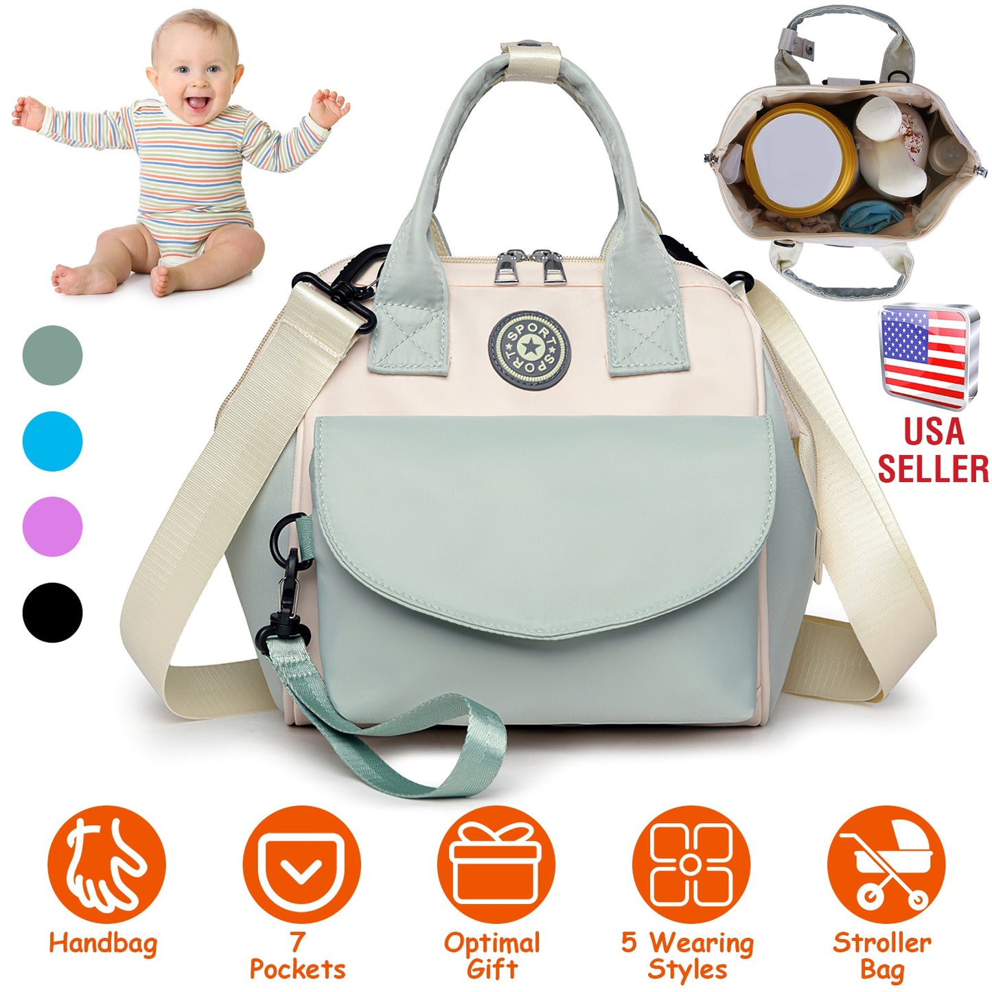 Diaper Bag with 6 Pockets and Detachable Small Bag