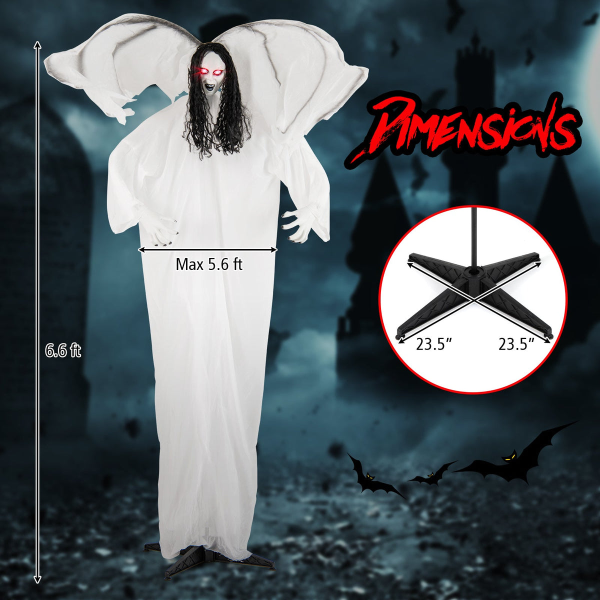 6.6 Feet Halloween Animatronic Standing Angel with Sound-Activated Light-up Eyes and Flapping Wings