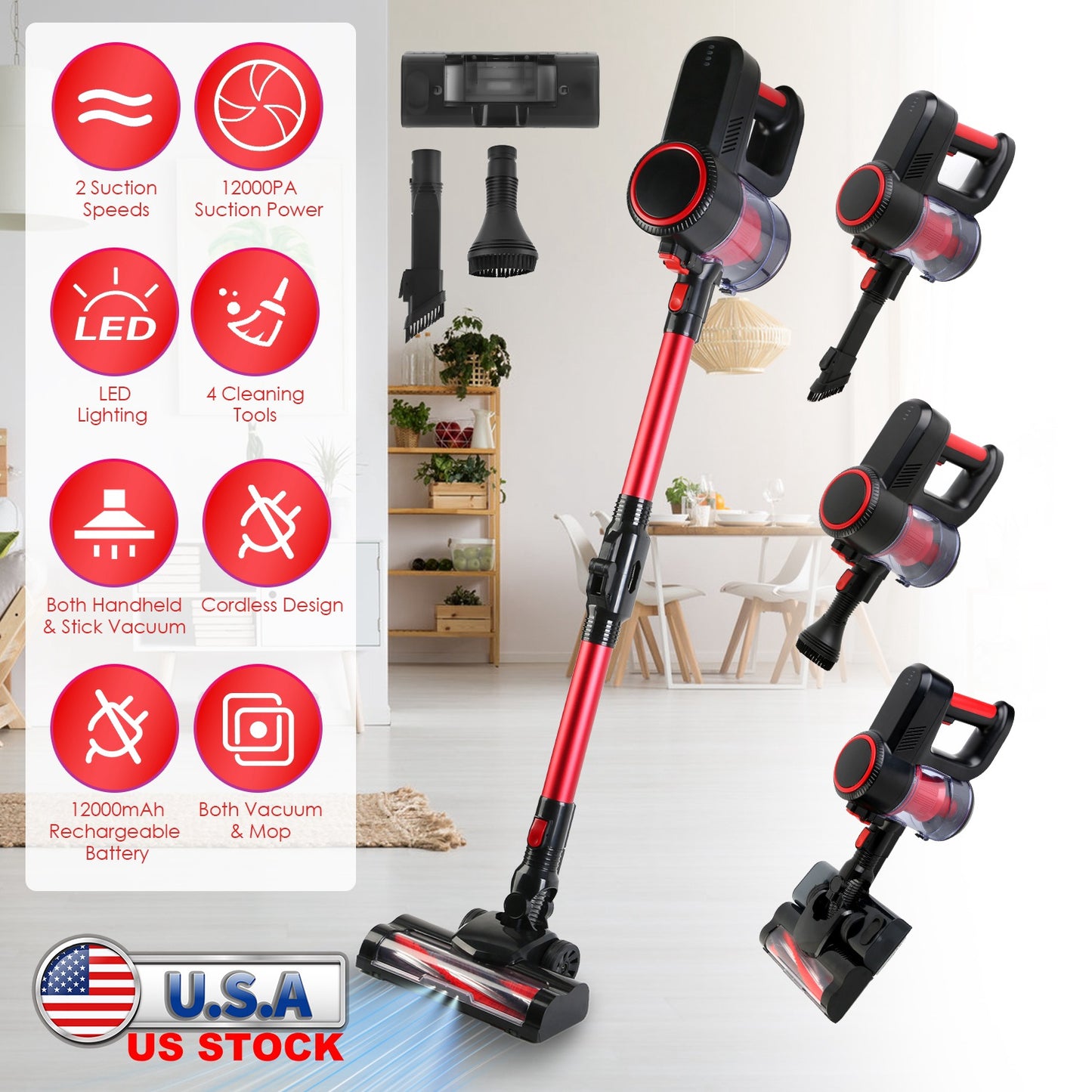 Cordless Stick Vacuum Cleaner with 12000PA Suction & LED Light