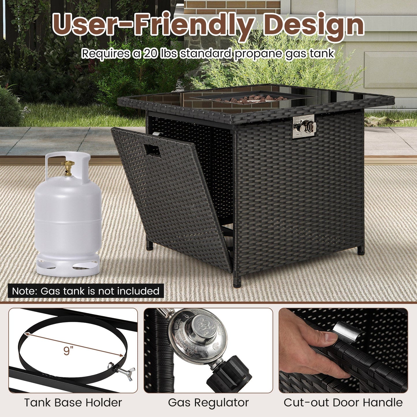 32.5 Inch Propane Fire Pit Table 5000 BTU with Tempered Glass Tabletop
