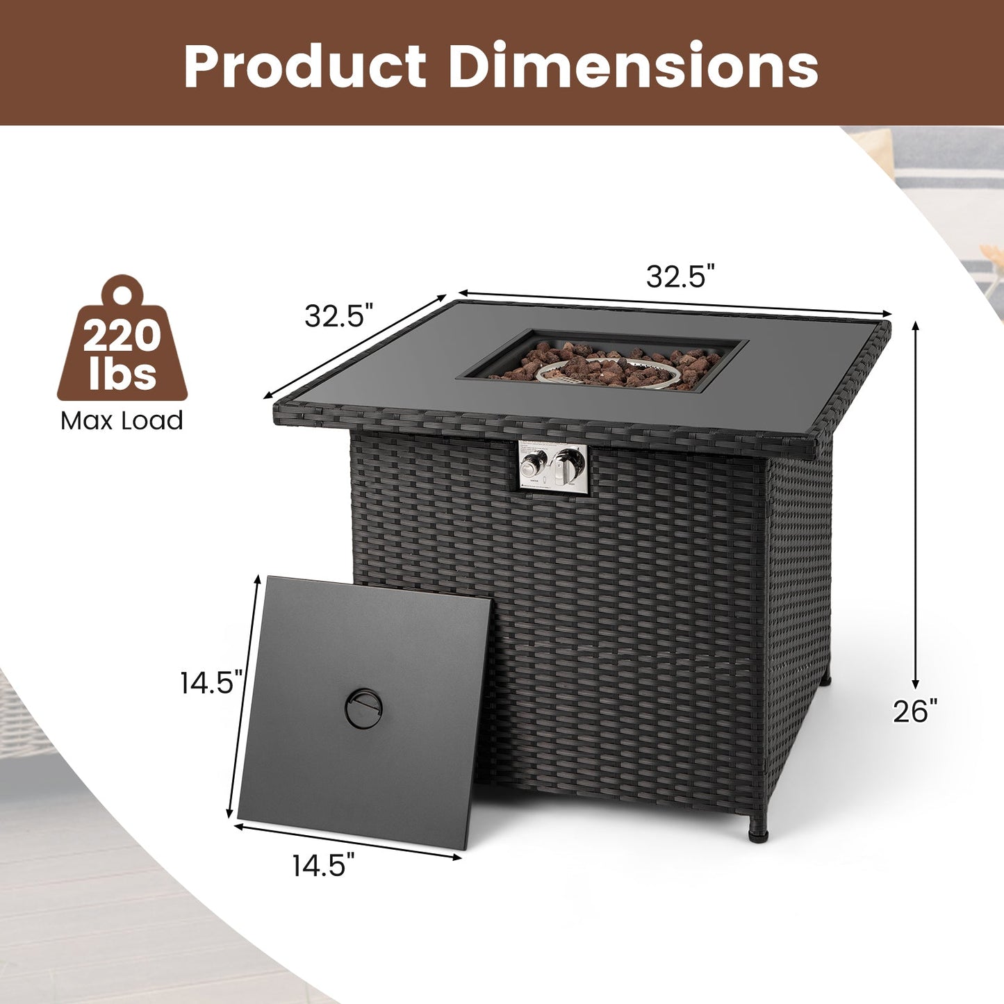 32.5 Inch Propane Fire Pit Table 5000 BTU with Tempered Glass Tabletop