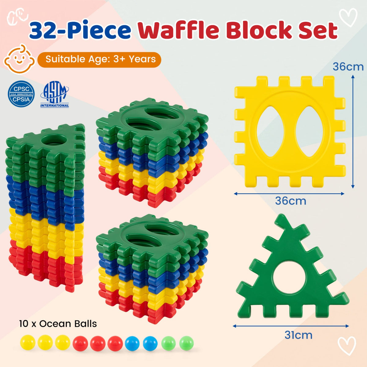 Oversized Waffle Block Set 32-Piece with Ocean Balls